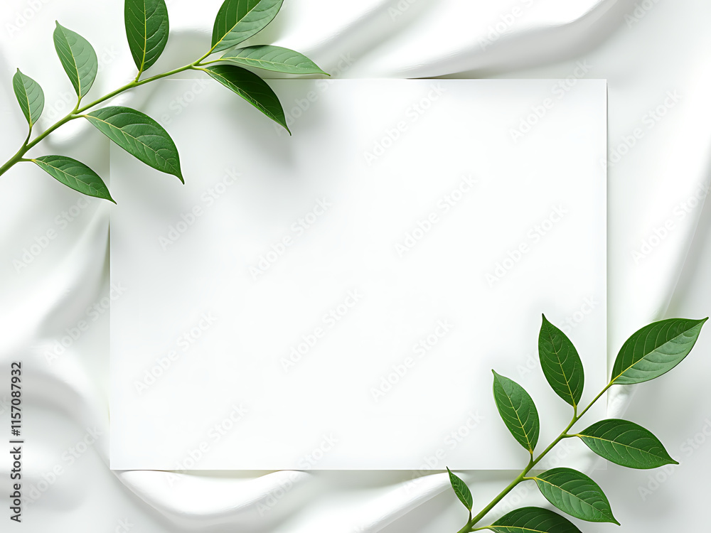 Aufkleber Minimalist Design Features Green Leaves On A Wavy White Background With Copy Space Available For Text Overlay On A Card. 00002