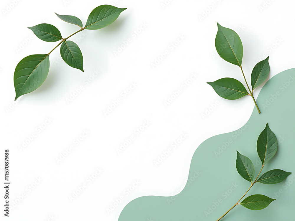 Poster Minimalist Design Features Green Leaves On A Wavy White Background With Copy Space Available For Text Overlay On A Card. 00001