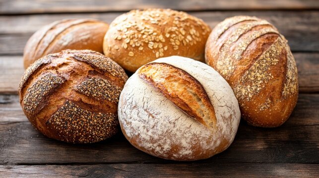Freshly baked artisanal bread loaves displayed on a wooden surface in a bakery setting during the morning