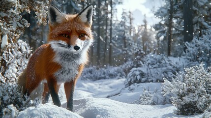 Fototapeta premium Red fox standing in snowy forest.