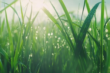 Close-up of fresh green grass with morning dew.