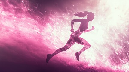Fototapeta premium Silhouette of a woman running, overlaid with water texture, pink tones.