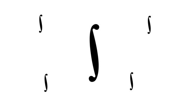 Zoom in and out animation the integral symbol. Large black symbol in the center and four small symbols around. Seamless looped 4k animation on white background