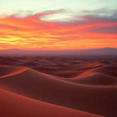 Fiery sunset paints the desert sky with vibrant hues as the sun dips below the horizon