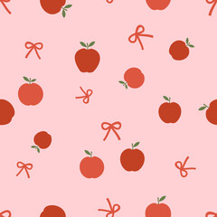 Seamless pattern of apple fruit with green leaves and ribbon bows on pink background vector.