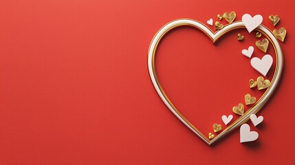 Happy valentine and hearts special. Red background with a gold heart frame and scattered white and gold hearts.