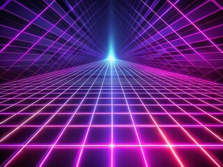Fototapeta premium Vibrant Purple Neon Grid: Futuristic Digital Art Background with Copy Space
