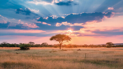 Fototapeta premium Lone Acacia Tree Under Vibrant Sunset Sky 