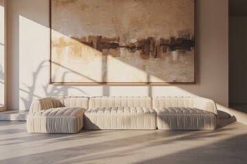 Beige modular sofa set against a large abstract painting, bathed in sunlight.