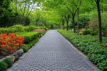 Obraz premium Cobblestone pathway lined with vibrant flowers in a lush green park during the daytime