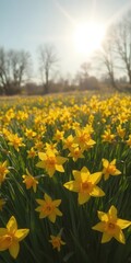 Obraz premium Sunlit field brimming with vibrant yellow daffodils, wallpaper, beautiful