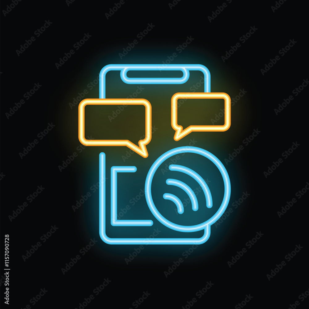 Wall mural neon glowing icon of a smartphone sending and receiving wireless data with speech bubbles