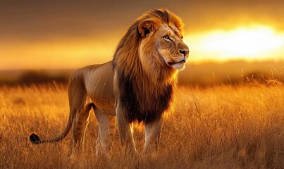 Majestic lion in a sunlit field of tall grass during a vibrant sunset