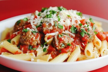 A vibrant plate showcasing pasta topped with savory meatballs in rich tomato sauce and herbs.