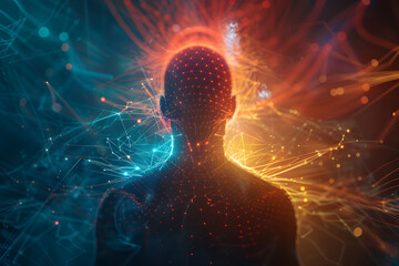In a futuristic digital world, a persons silhouette is surrounded by dynamic digital energy, symbolizing advanced technology and human potential in an immersive cyber environment