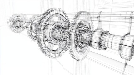Wireframe gears rotating smoothly in complex mechanism