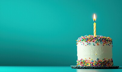 Bright blue background highlights colorful birthday cake with candle and sprinkles for celebration