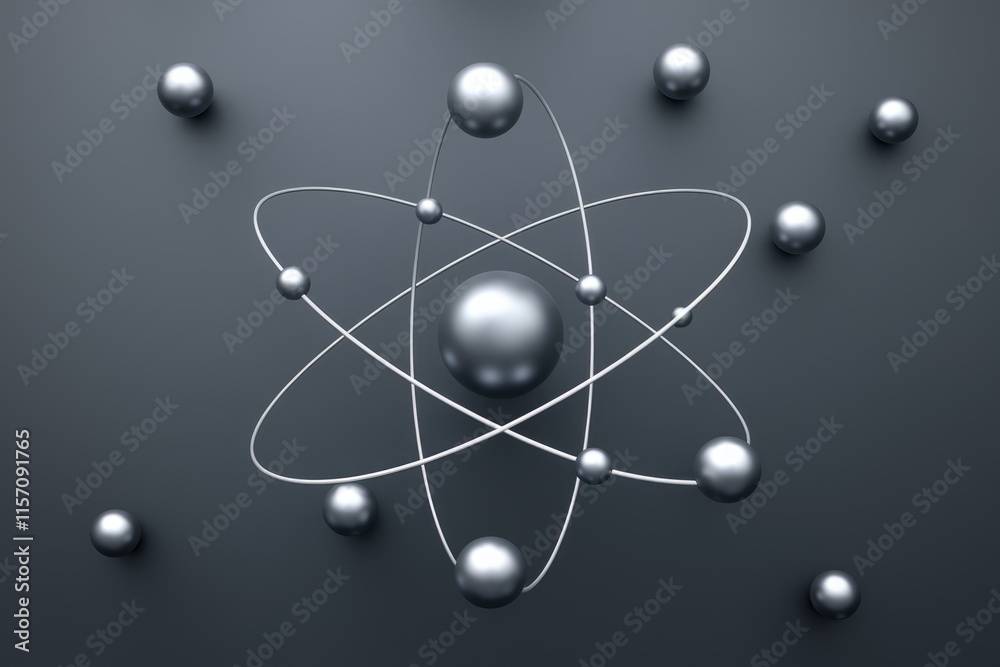 Poster A 3D model of an atom with electrons orbiting a central nucleus, representing atomic structure and scientific concepts.