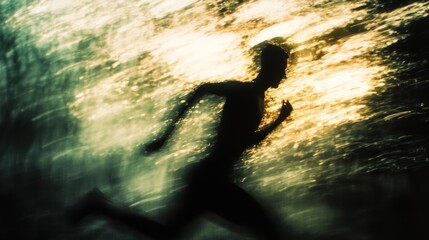 Silhouette of a runner in motion, blurred background.