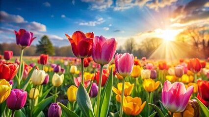 Vibrant Tulips Blooming in Sunny Field, Bokeh Background, Spring Flowers