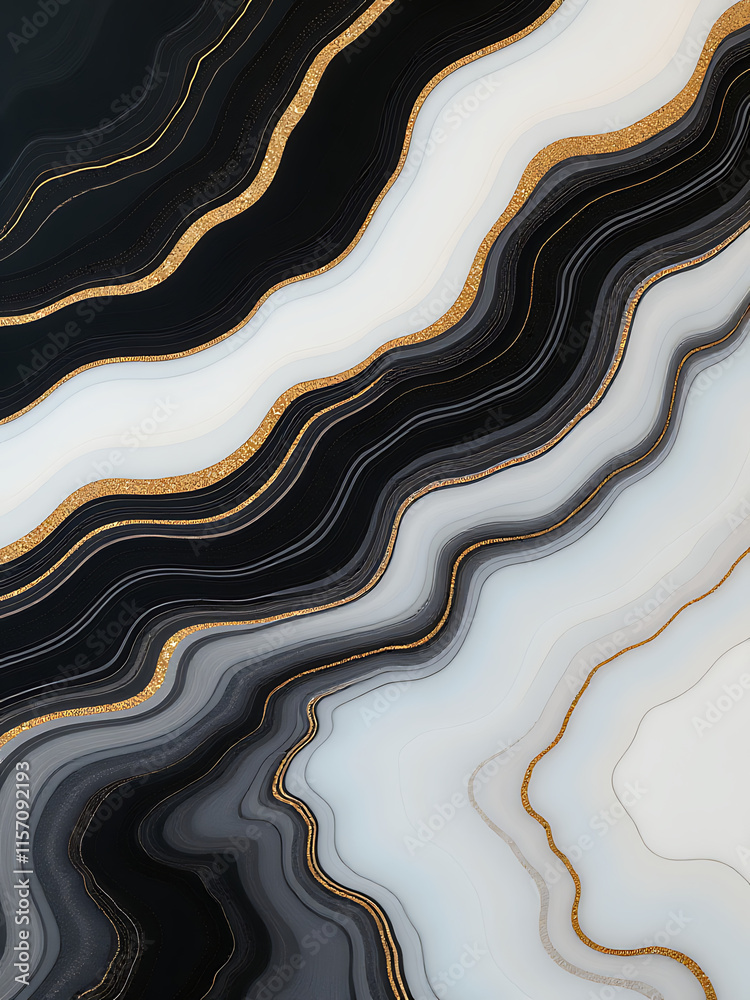 Poster marble texture background features a wave pattern with black, white, gray, and gold veins, created u
