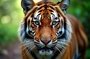 Fototapeta premium Close-up view of Sumatran tiger face. Wild cat stares directly at camera. Animal portrait shows tiger fur patterns. Endangered species from Indonesian jungle. Beautiful wild animal. Dramatic nature