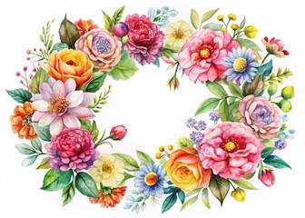 Vibrant Watercolor Floral Wreath on Crisp White Background - Stock Photo