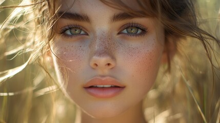 Close-up portrait of a young woman with freckles and captivating green eyes, framed by soft strands of hair, set in a natural outdoor environment.