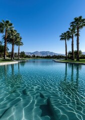 Fototapeta premium A beautiful blue pool with palm trees in the background