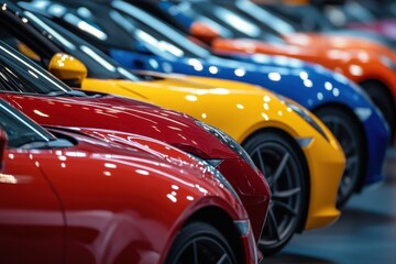 Vibrant lineup of luxury sports cars displayed in a modern showroom