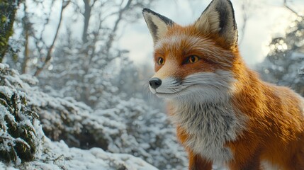 Obraz premium Red fox in snowy winter forest.