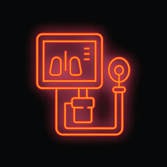 Neon icon of a medical electronic digital pressure measuring device showing human lungs, isolated vector illustration on black background