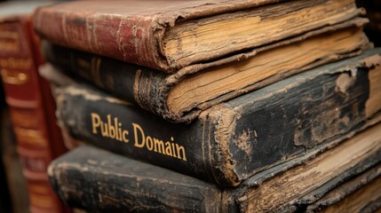 Weathered antique books with public domain label International Public Domain Day