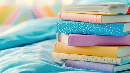 Colorful stack of books on soft blue blanket in sunlit room Global Family Day