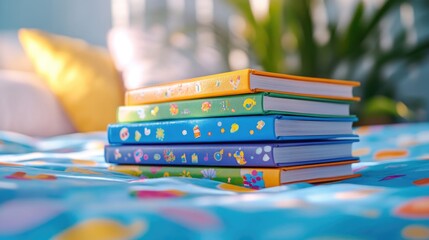 Colorful children's books on a bed with bright decor Global Family Day