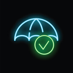 Glowing neon umbrella is providing insurance and protection with a green check mark symbol