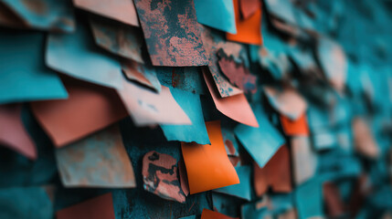 A colorful collage of mismatched paper notes layered against a textured background, showcasing a mix of orange, blue, and faded colors.
