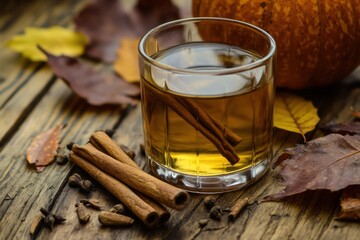 Warm spiced drink with cinnamon sticks and autumn leaves on dark surface