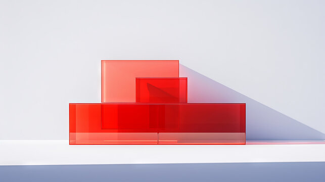 Modern minimalist style, white background with red acrylic material on the table, rectangular box shape, transparent glass cover, stacked together in three layers of different heights, high-definitio