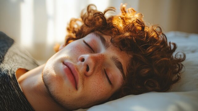 Young caucasian man with curly red hair sleeping peacefully in warm sunlight National Hangover Day