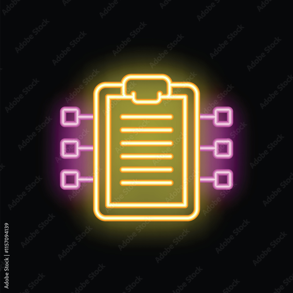 Poster glowing neon icon of a clipboard connected to data points, symbolizing data analysis and processing