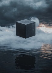 A cube is floating in the air above a body of water