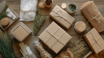  Stylish Flat Lay of Eco-Friendly Packaging Featuring Paper Wraps, Reusable Boxes, and Recycled Materials for Sustainable Shipping Promotion