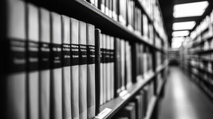 Fototapeta premium Monochrome view of library shelves filled with books in perspective International Public Domain Day