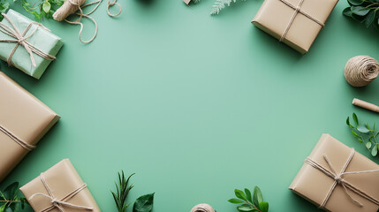 Creative Flat Lay of Eco-Friendly Packaging Featuring Paper Wraps, Reusable Boxes, and Recycled Materials for Sustainable Shipping Practices in a Brand Advertisement