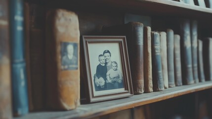 Vintage black and white family photo on bookshelf with antique books