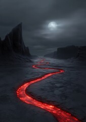 A red river flows through a desolate landscape