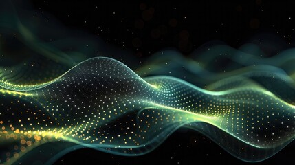 Wallpaper, double abstract green technology wave. Flow of particles. Big data transfer visualization. Black Background.