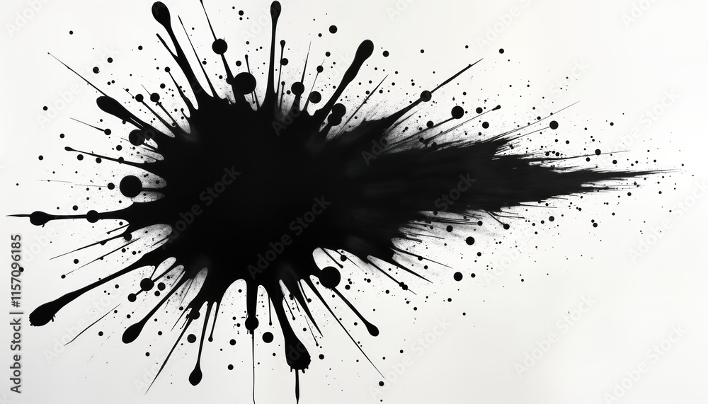 Aufkleber Abstract black ink splatter design. Paint drips, blots create dynamic pattern. Grunge texture. Suitable for background design element. Artistic illustration with messy aesthetic. Ideal for creative