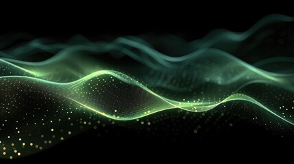 Wallpaper, double abstract green technology wave. Flow of particles. Big data transfer visualization. Black Background.